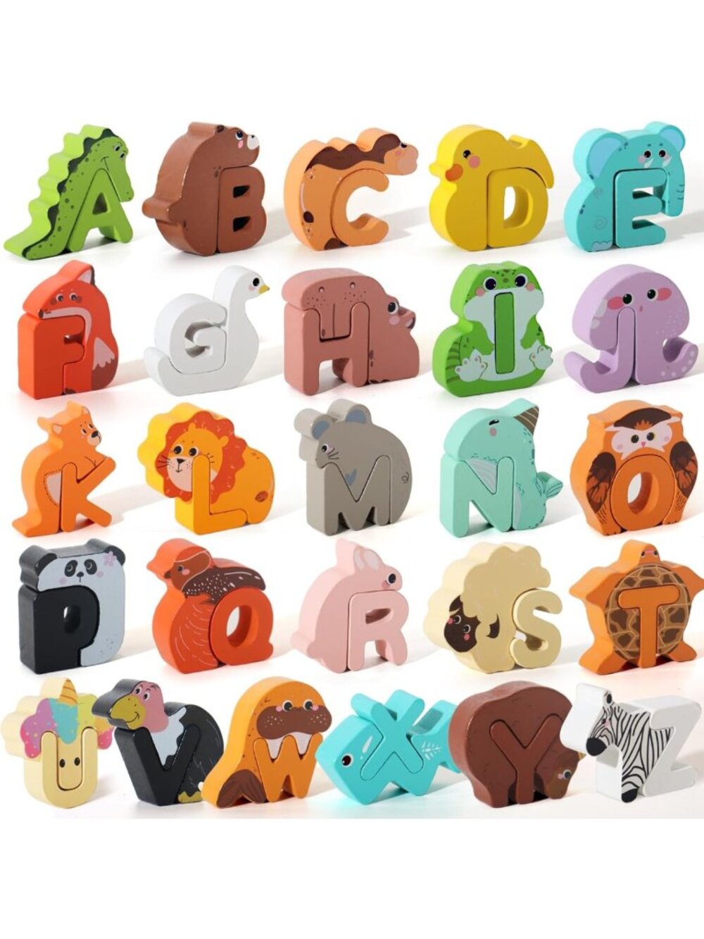 52-Piece Wooden Alphabet Animal Matching Game & Peg Puzzles for Toddlers 3-5